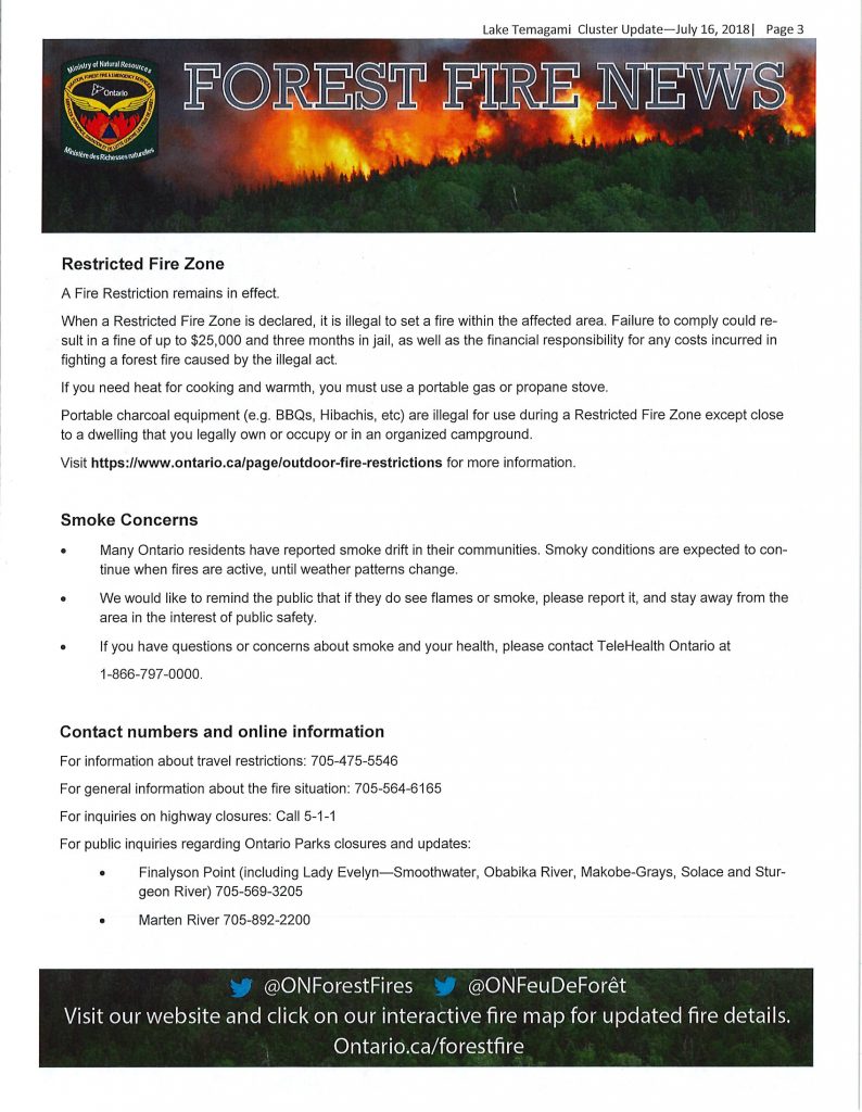 MNR Lake Temagami Cluster Fire Update | July 16, 2018