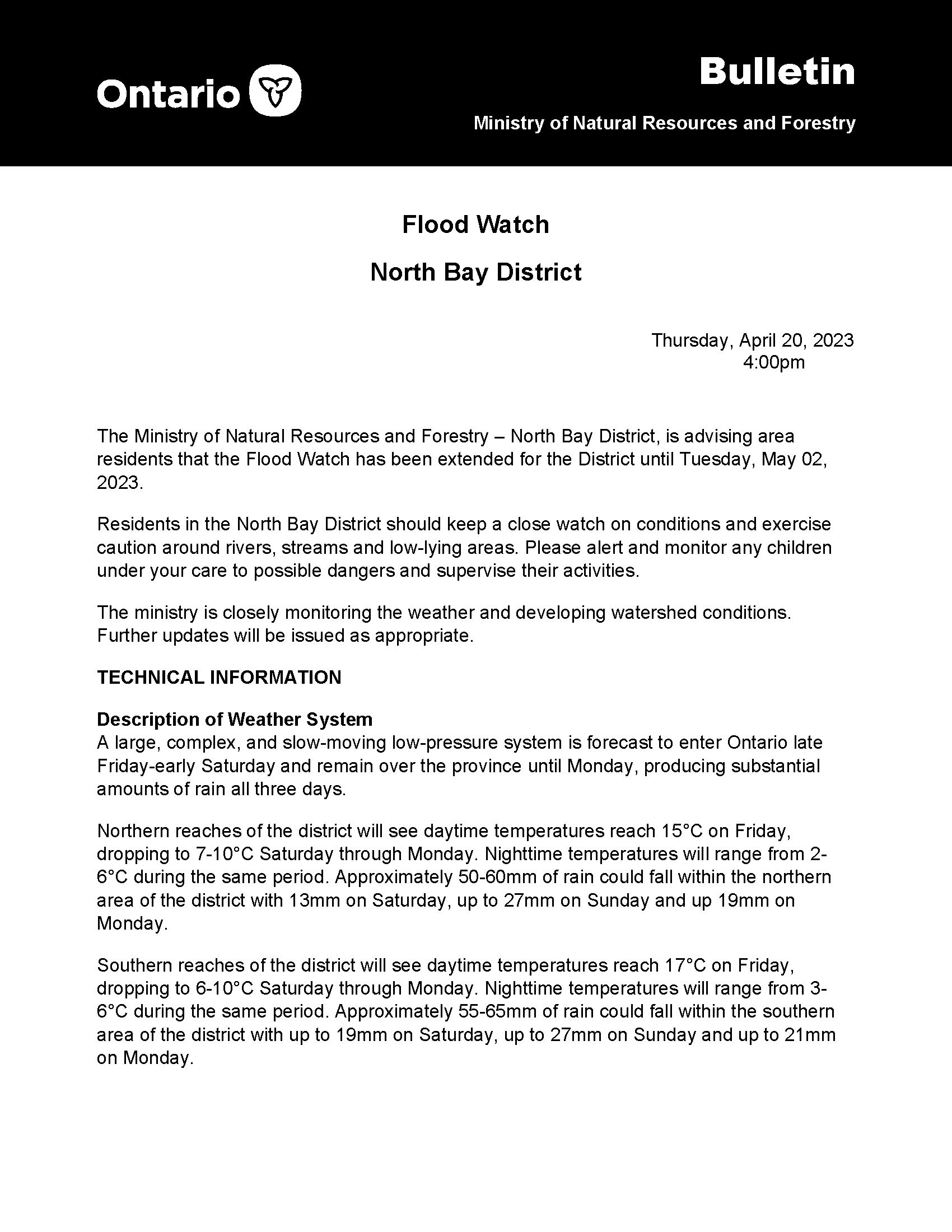 Flood Watch Extension for North Bay District