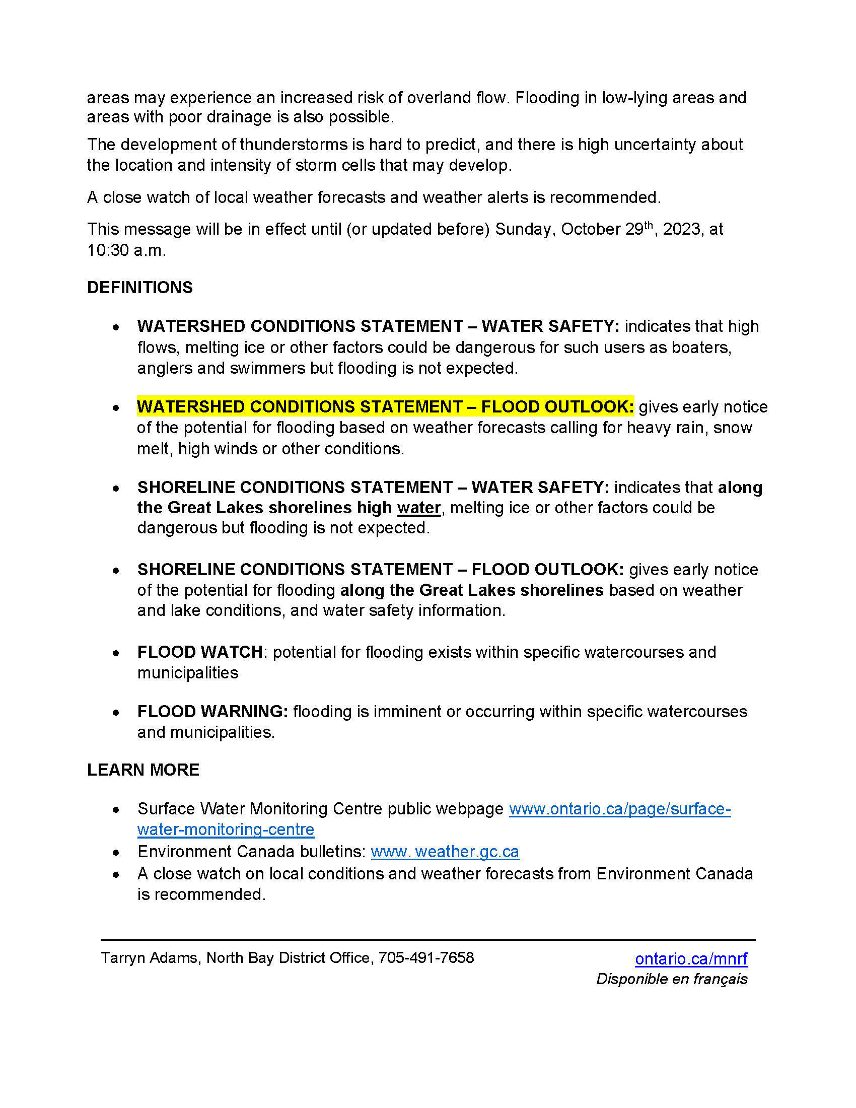 Watershed Conditions Statement – Flood Outlook